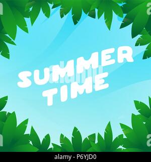 Summertime quote on sky background with palm trees. Stock Vector