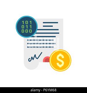 Smart Contract Concept, Dollar, Binary Code Flat Vector Icon. Isolated on White Background. Stock Vector