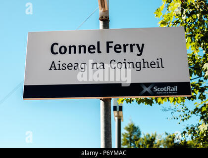 Station sign at Connel Ferry station, on the Oban branch of the West Highland Line, Scotland Stock Photo
