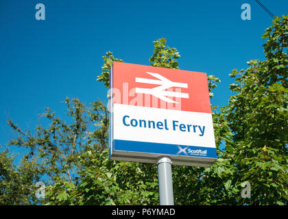 Station sign at Connel Ferry station, on the Oban branch of the West Highland Line, Scotland Stock Photo