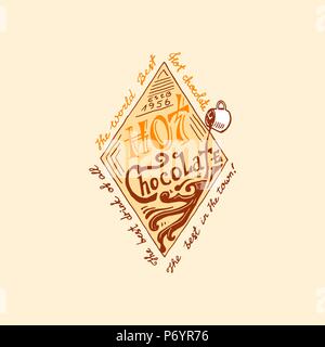 Cocoa and hot chocolate logos. modern vintage badges for the shop menu. Vector illustration. calligraphy style for frames, labels. engraved hand drawn in old sketch. Stock Vector