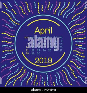 2019. April Calendar page in memphis style poster for concept typography design, flat color. Week starts on Sunday Stock Vector