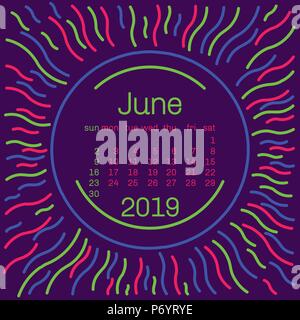 2019. June Calendar page in memphis style poster for concept typography design, flat color. Week starts on Sunday Stock Vector