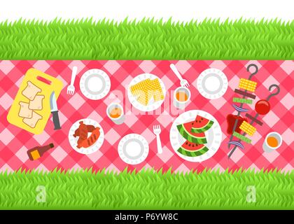 Summer barbecue picnic background. Vector flat illustration. Outdoor party banner. Grilled sausages, corn, watermelon and vegetables on skewers. Bbq f Stock Vector