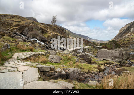 Rocky path leading to Cwm Idwal in Snowdonia national park, North Wales, UK. Stock Photo