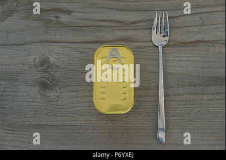 Tinned Mackerel with a Fork in Ticino, Switzerland. Stock Photo