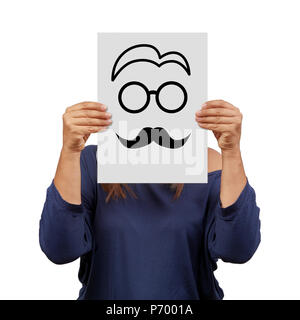 Woman behind banner with male face drawn isolated identity concept Stock Photo