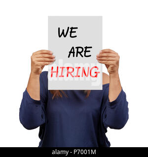 Woman behind we are hiring banner isolated Stock Photo