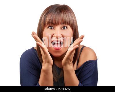 Woman screaming looking surprised and amazed isolated Stock Photo