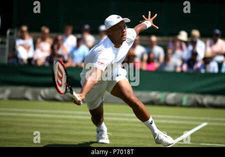 Jay Clarke on day two of the Wimbledon Championships at the All England Lawn tennis and Croquet Club, Wimbledon. PRESS ASSOCIATION Photo. Picture date: Tuesday July 3, 2018. See PA story tennis Wimbledon. Photo credit should read: Steven Paston/PA Wire. RESTRICTIONS: Editorial use only. No commercial use without prior written consent of the AELTC. Still image use only - no moving images to emulate broadcast. No superimposing or removal of sponsor/ad logos. Call +44 (0)1158 447447 for further information. Stock Photo