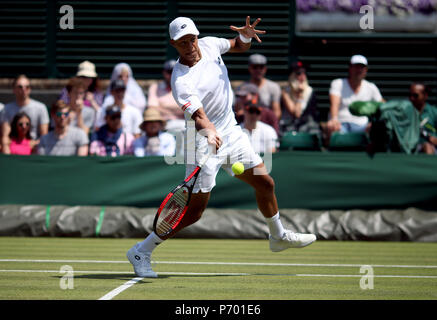 Jay Clarke in action on day two of the Wimbledon Championships at the All England Lawn Tennis and Croquet Club, Wimbledon. Stock Photo