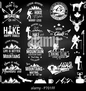 Hiking club badges with design elements on the chalkboard. Mountains related typographic quote. Vector illustration. Concept for shirt or logo, print, Stock Vector