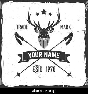 Hiking club badge with Trekking Poles and deer. Vector illustration. Concept for shirt or logo, print, stamp. Stock Vector