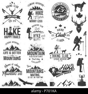 Hiking club badges with design elements. Mountains related typographic quote. Vector illustration. Concept for shirt or logo, print, stamp. Stock Vector