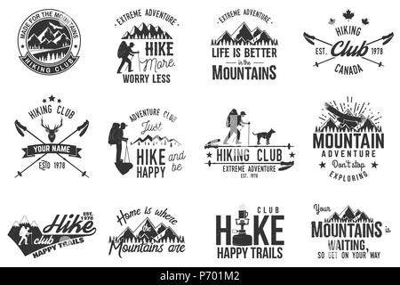 Hiking club badge. Mountains related typographic quote. Vector illustration. Concept for shirt or logo, print, stamp. Stock Vector