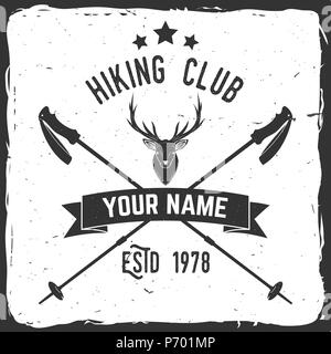 Hiking club badge with Trekking Poles and deer. Vector illustration. Concept for shirt or logo, print, stamp. Stock Vector