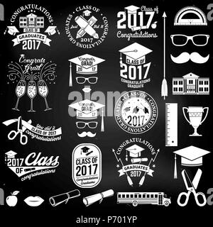 Set of Vector Class of 2017 badges and design elements on the chalkboard. Concept for shirt, print, seal, overlay or stamp, greeting, invitation card. Stock Vector