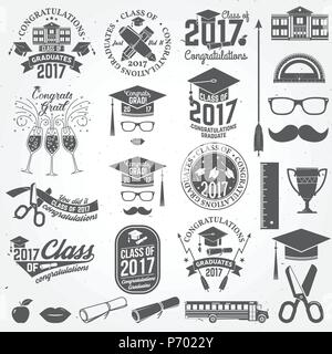 Set of Class of 2017 badges and design elements. Vector illustration. Stock Vector