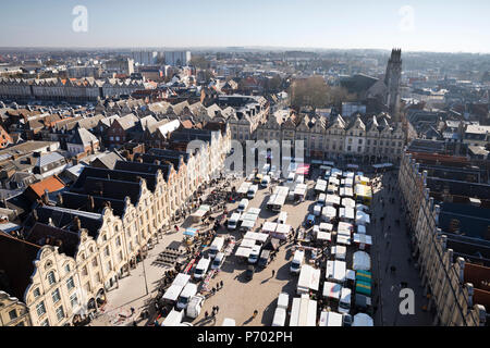Place des Heros Saturday market viewed from the belfry, Arras, Pas-de-Calais, Hauts-de-France region, France, Europe Stock Photo