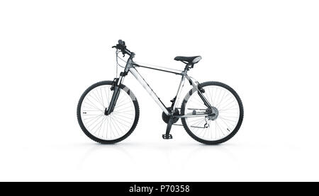 Blank white sport bicycle mock up, stand isolated, front view. Clear bike mockup. Mountain empty velocipede design template with nobody. Stock Photo