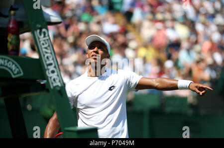 Jay Clarke talks to the umpire on day two of the Wimbledon Championships at the All England Lawn Tennis and Croquet Club, Wimbledon. Stock Photo