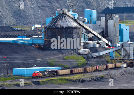 A horizontal image of a Canadian National Freight train loading raw coal from a processing plant in the foothills of the rocky mountains near Cadomin  Stock Photo