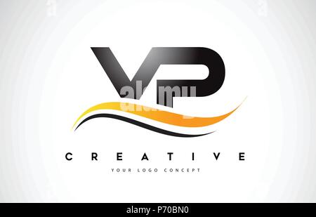 VP V P Swoosh Letter Logo Design with Modern Yellow Swoosh Curved Lines Vector Illustration. Stock Vector