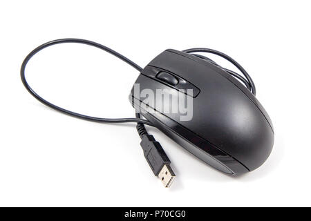 Computer mouse on white background / USB Black wired computer mouse. Stock Photo