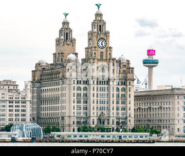St John's Beacon Radio City observation tower and grand Royal Liver building, Pier Head riverside, Liverpool, England, UK Stock Photo