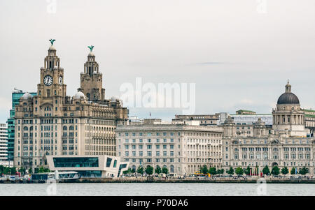 The Three Graces, Edwardian baroque style Port of Liverpool building, Cunard Building and Royal Liver building, Pier Head, Liverpool, England, UK Stock Photo