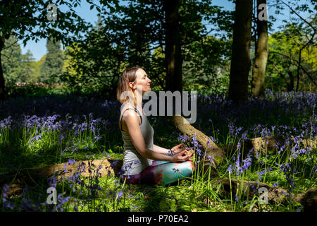 A yoga instructor demonstrates yoga poses during an outdoor yoga session in nature with blue skies and brilliant colours. Stock Photo