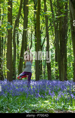 A yoga instructor demonstrates yoga poses during an outdoor yoga session in nature with blue skies and brilliant colours. Stock Photo