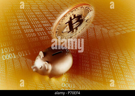 Golden Bitcoin over piggy bank Stock Photo
