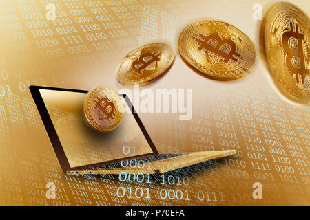 Golden Bitcoins over laptop Stock Photo