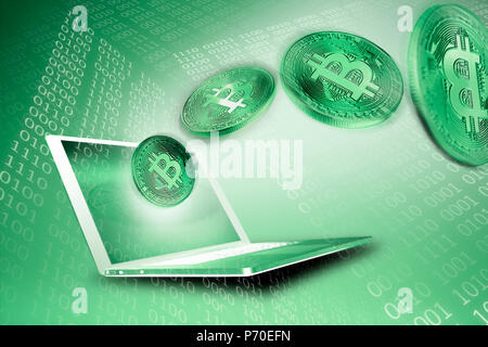 Green Bitcoins and laptop Stock Photo