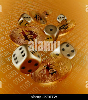 Golden Bitcoins and dice Stock Photo