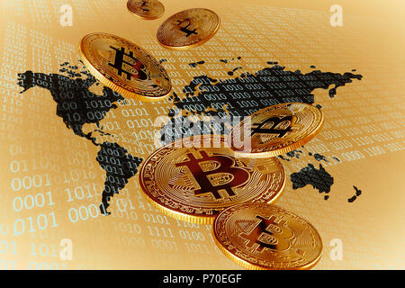 Golden Bitcoins over global map Stock Photo