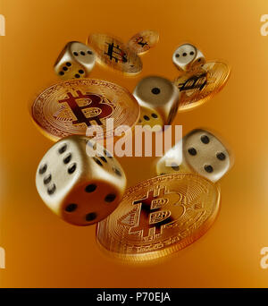 Golden Bitcoins and dice Stock Photo