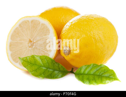 Fresh lemons with green leaves Stock Photo