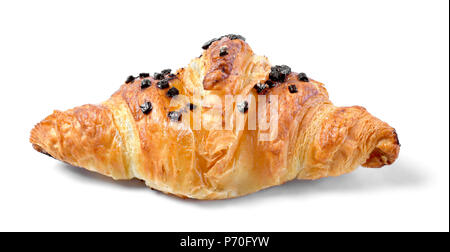 Delicious french chocolate croissant or butter croissant with chocolate filling and chocolate crumbles. Fresh croissant, top view, isolated on white b Stock Photo