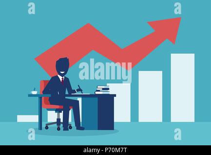 Successful businessman working at desk with red arrow chart growing up. Stock Vector