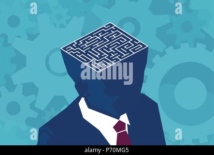 Inside businessman brain maze. Vector of an open head with labyrinth. Psychology concept vector illustration. Stock Vector