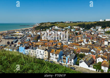 Hastings Old Town and seafront in summer, from East Hill, on the Sussex coast Stock Photo