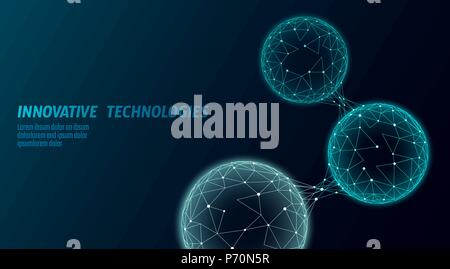 Abstract low poly biological connected cell. Connection world communication technology polygonal. Blue business science presentation concept. Wireframe mesh geometric render blue vector illustration Stock Vector