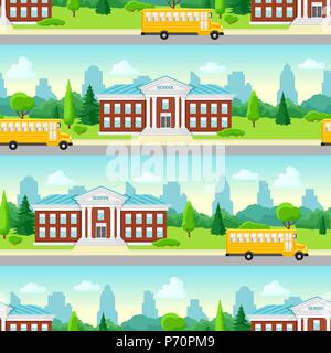 Seamless pattern with school building and bus. Stock Vector