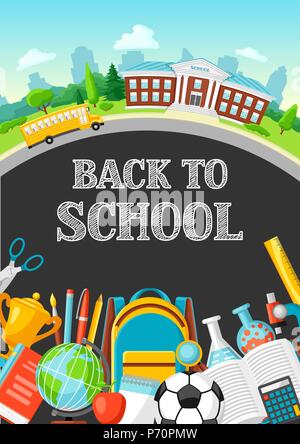 Illustration of school building and bus. Stock Vector