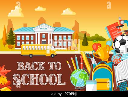 Illustration of school building and bus. Stock Vector