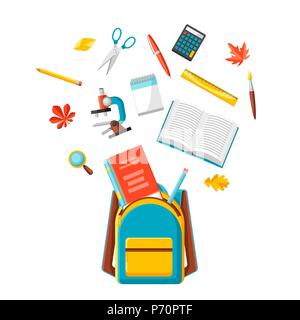 School backpack with education items. Stock Vector