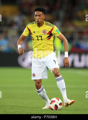 Colombia's Johan Mojica during the FIFA World Cup 2018, round of 16 match at the Spartak Stadium, Moscow. PRESS ASSOCIATION Photo. Picture date: Tuesday July 3, 2018. See PA story WORLDCUP England. Photo credit should read: Adam Davy/PA Wire. RESTRICTIONS: Editorial use only. No commercial use. No use with any unofficial 3rd party logos. No manipulation of images. No video emulation Stock Photo