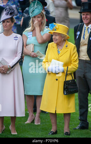 Her Majesty the Queen of England enjoying the first day of Royal Ascot horse racing meeting. Stock Photo